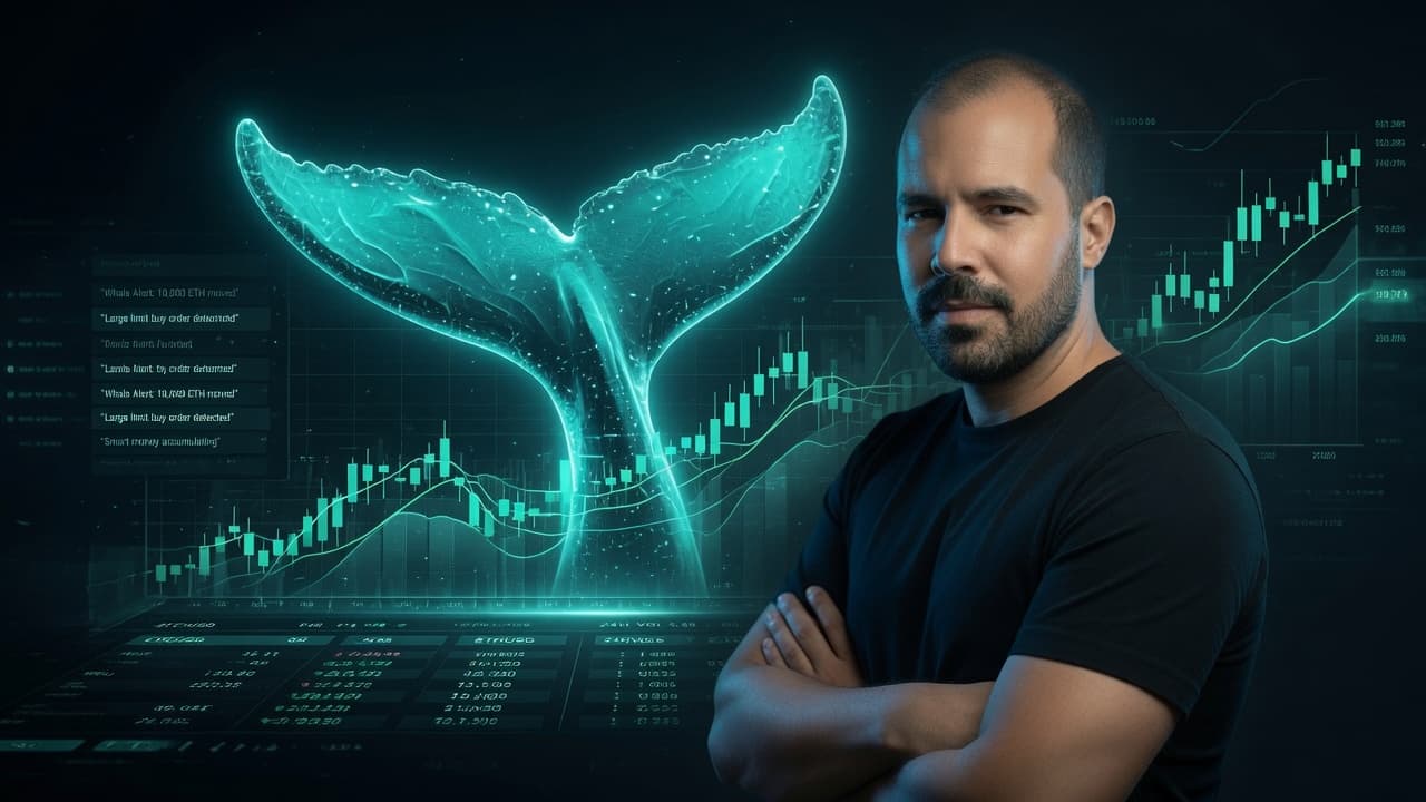 Pedro Silva com sinalética néon da comunidade Crypto Whales